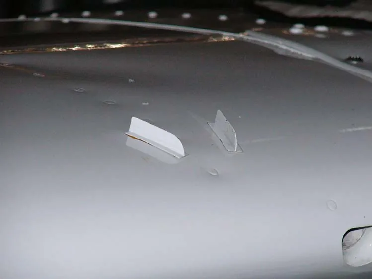 Two small upright metal fins, vortex generators, on the upper surface of a wing.